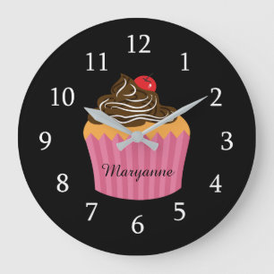 Grande Horloge Ronde Cupcake Rose Cute Sur Cuisine Personnalisée Noire