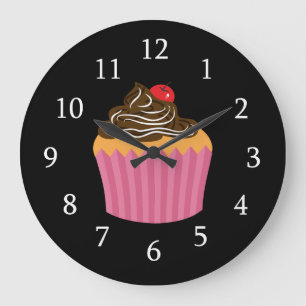 Grande Horloge Ronde Cupcake Rose Cute Sur Noir