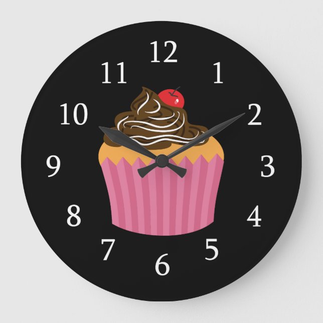 Grande Horloge Ronde Cupcake Rose Cute Sur Noir (Recto)