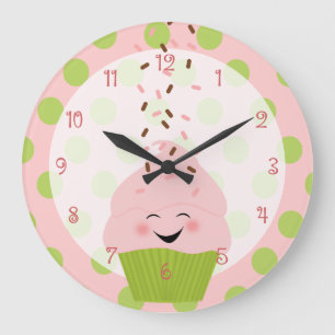 Grande Horloge Ronde Cupcake rose et vert