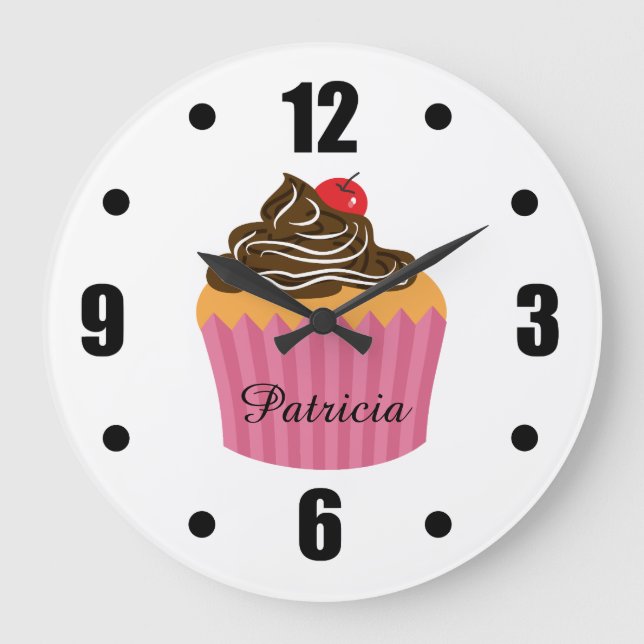 Grande Horloge Ronde Cupcake rose mignon Nom personnalisé (Recto)
