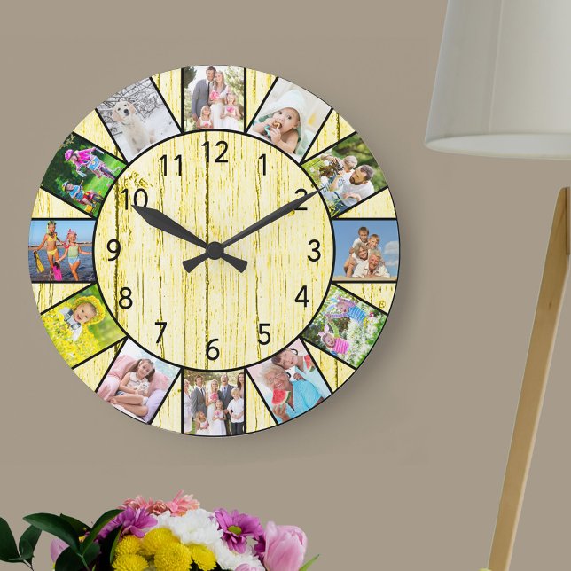 Grande Horloge Ronde Custom 12 Photo Collage Crème Rustique Bois rond (Photo clock with 12 photos, one at each hour. Great design for your home or a thoughtful photo gift.)