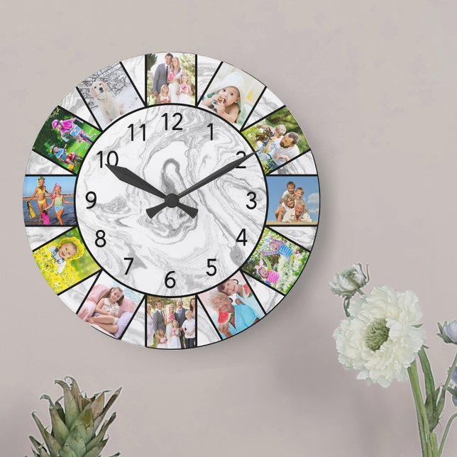 Grande Horloge Ronde Custom 12 Photo Collage Grey White Marble Round (Photo clock with 12 photos, one at each hour. Great design for your home or a thoughtful photo gift.)