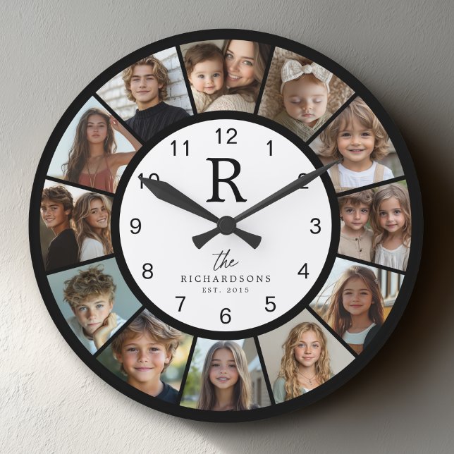 Grande Horloge Ronde Custom Family Monogram Name Year 12 Photo Collage (Créateur téléchargé)