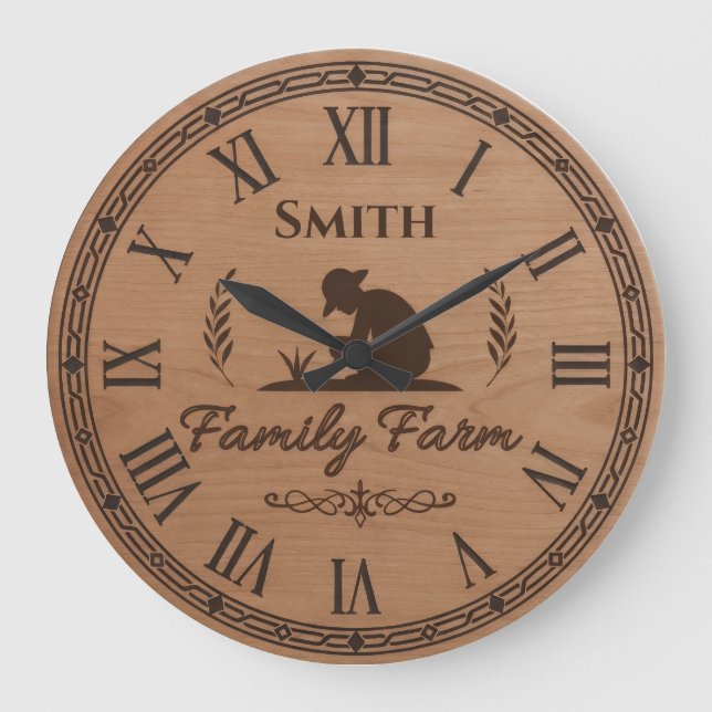 Grande Horloge Ronde Custom Family Name Clock – Farmer Planting Scene (Recto)