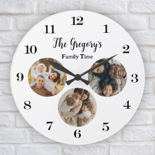 Grande Horloge Ronde Custom Modern 3 Photo Collage Amusant Famille Temp