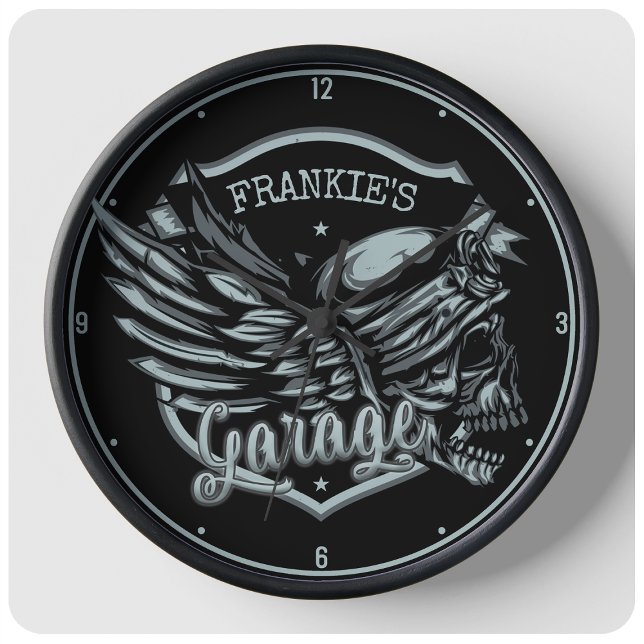 Grande Horloge Ronde Custom NAME Biker Skull Wings Motorcycle Garage (Créateur téléchargé)