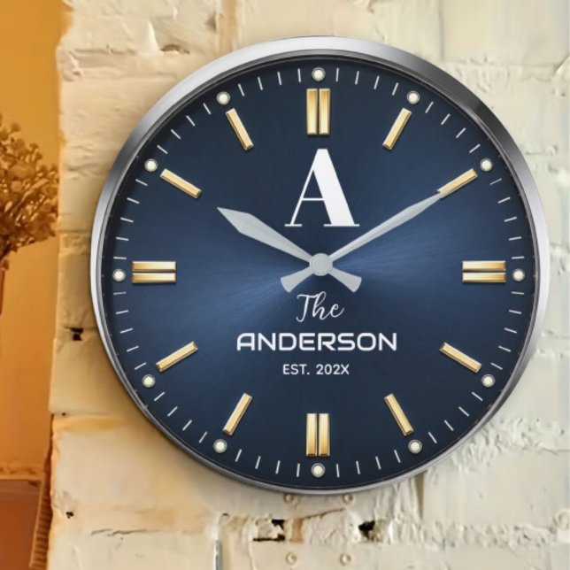 Grande Horloge Ronde  Custom name Luxury Blue Elegant Gold and Silver  (Créateur téléchargé)