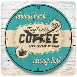 Grande Horloge Ronde Custom NAME Old Retro 50's Coffee Shop Diner<br><div class="desc">Custom NAME Old Distressed Coffee Faux Stained Retro 50's Coffee Shop Diner Distressed Cafe Clock - Customize with your Name or Custom Text! Perfect for that retro kitchen style. Best Coffee in Town!</div>