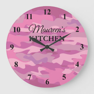 Grande Horloge Ronde Custom name pink army camo kitchen wall clock