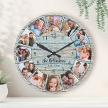 Grande Horloge Ronde Custom Photo Collage Natural Wood Family Nom<br><div class="desc">Easily create your own personalized blue rustic driftwood planks lake house wall clock with your custom photos,  family name and established year. Pour les meilleurs résultats,  crop the images to square - with the focus point in the center - before uploading.</div>