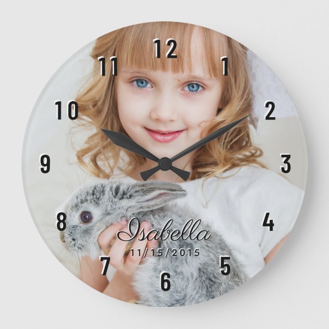 Grande Horloge Ronde Custom Photo Name Birth Date Black Numbers (Recto)