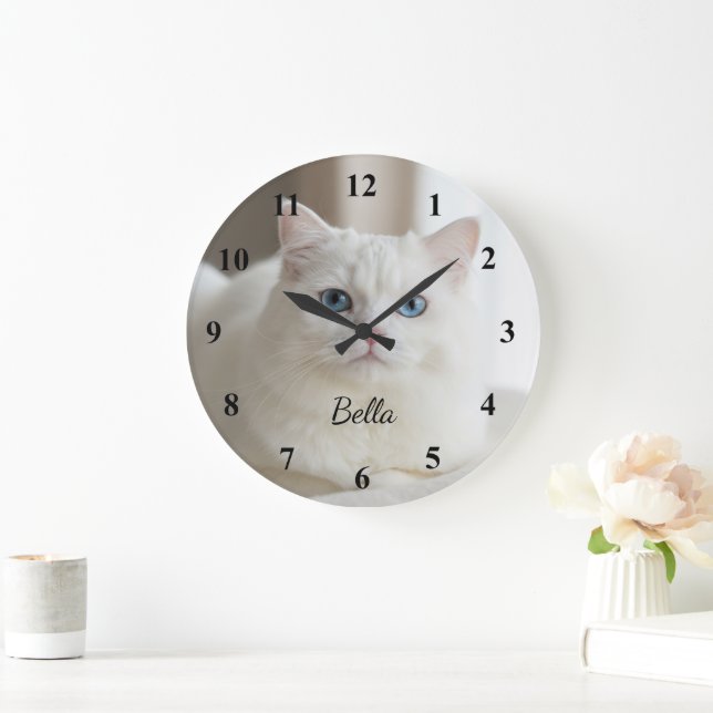 Grande Horloge Ronde Custom photo wall clock with beautiful white cat (Maison)