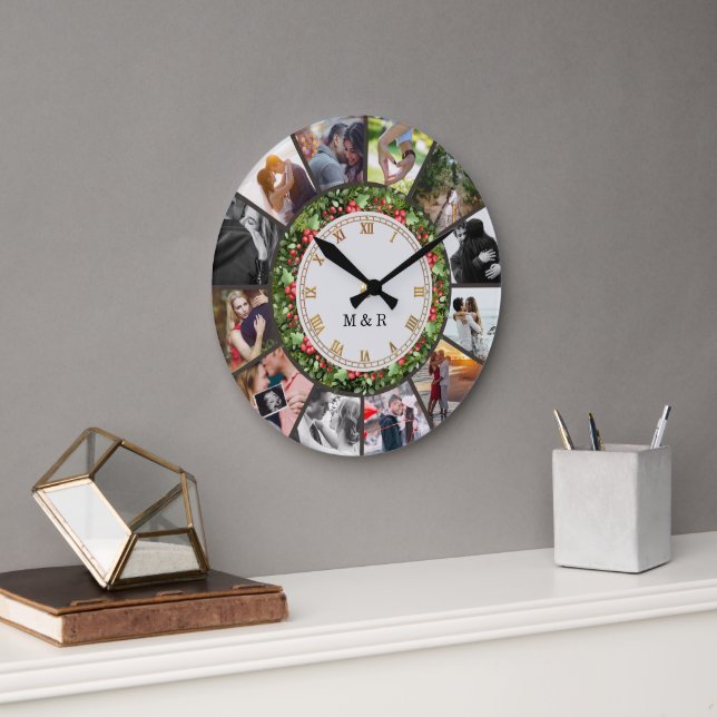 Grande Horloge Ronde Custom Photos Collage Clock | Gift for Christmas (Bureau)