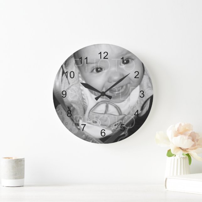 Grande Horloge Ronde Customisez votre photo noir blanc (Maison)