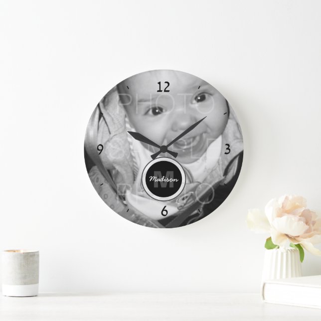 Grande Horloge Ronde Customisez votre photo noir blanc Monogramme (Maison)
