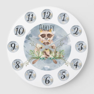 Grande Horloge Ronde Customizable Blue Raccoon Nursery Clock Large