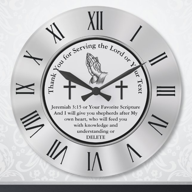 Grande Horloge Ronde Customizable Christian Clock with Bible (Christian gifts for Pastors. Christian Wall Clock. Thank you for serving the Lord. Jeremiah 3:15.)