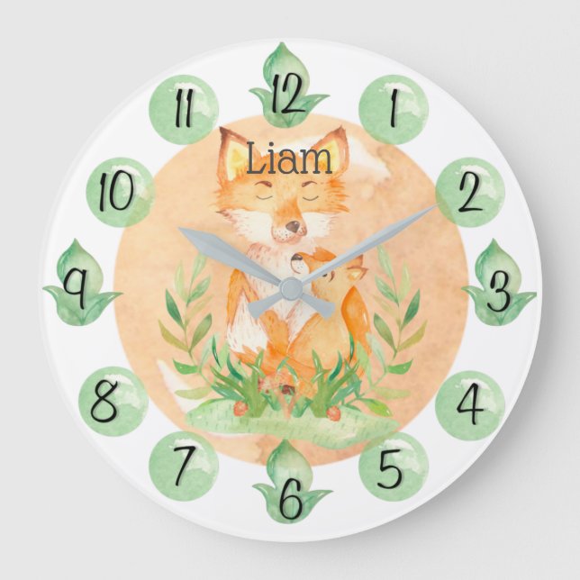 Grande Horloge Ronde Customizable Leaf Baby Fox Nursery Clock Large (Recto)