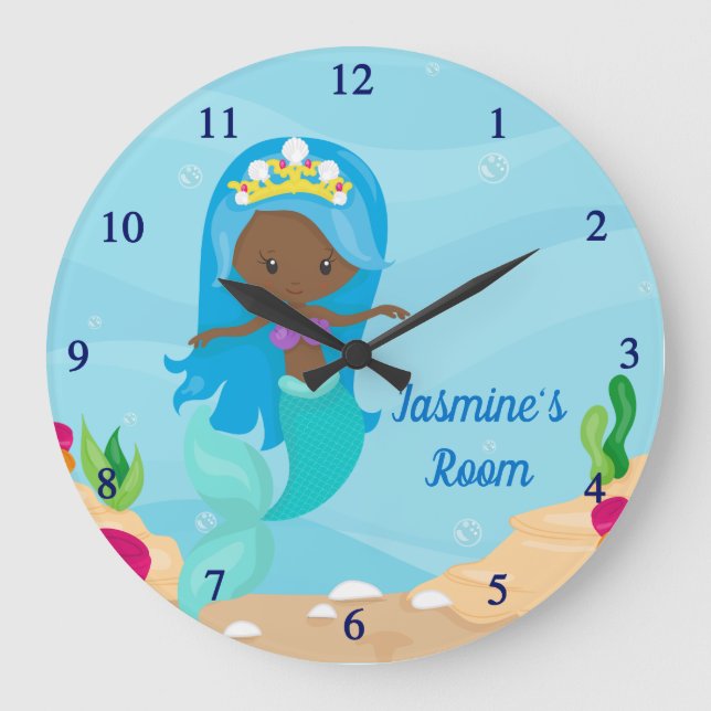 Grande Horloge Ronde Cute African American Mermaid Beach Girl Salle pou (Recto)