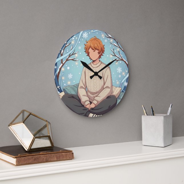 Grande Horloge Ronde Cute Anime Boy Drinking Coffee in Winter (Bureau)