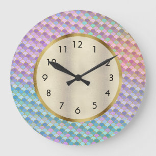 Grande Horloge Ronde Cute Aqua Purple Pink Blue Mermaid
