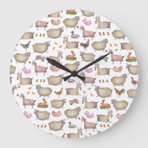 Grande Horloge Ronde Cute Aquarelle ferme Grange Animaux Motif