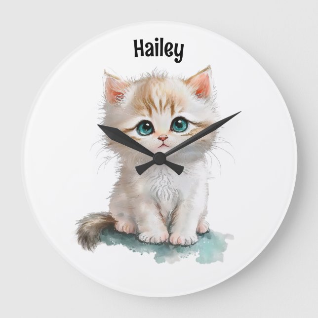 Grande Horloge Ronde Cute Aquarelle Kitten avec yeux bleus (Recto)