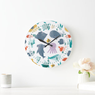Grande Horloge Ronde Cute Aquarelle Océan Animaux Motif