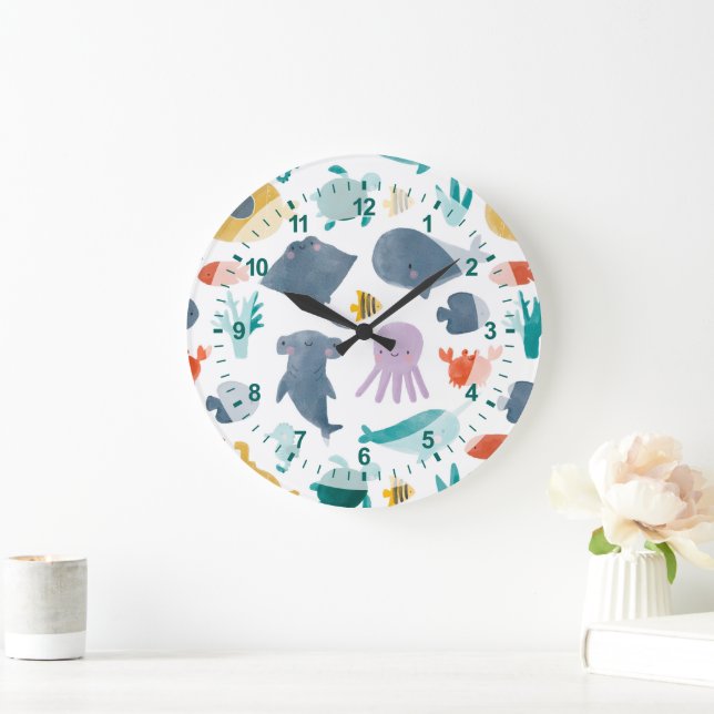 Grande Horloge Ronde Cute Aquarelle Océan Animaux Motif (Maison)