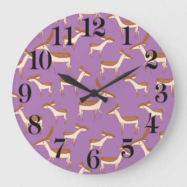 Grande Horloge Ronde Cute Baby Deer and Family on Lavender Purple (Recto)