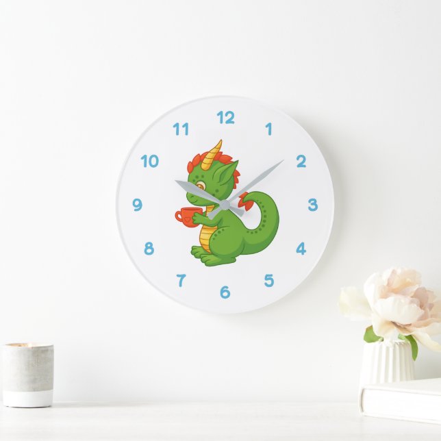 Grande Horloge Ronde Cute Baby Dragon Holding Cup (Maison)