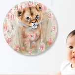 Grande Horloge Ronde Cute Baby Lion Pastel Watercolor Spring Flowers<br><div class="desc">Cute baby lion cub sitting amongst watercolor pastel spring flowers. Change the personalized name or delete.</div>