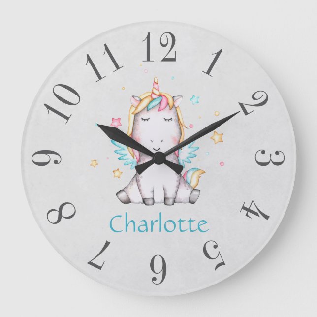 Grande Horloge Ronde Cute Baby Unicorn Soft Gray & Teal Personalized (Recto)