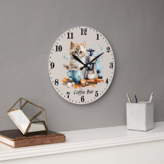 Grande Horloge Ronde Cute barre de café chat ajouter du texte