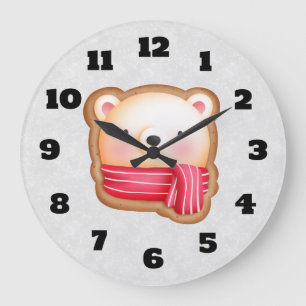 Grande Horloge Ronde Cute Bear Face Red Scarf et Rosy Cheeks Christmas