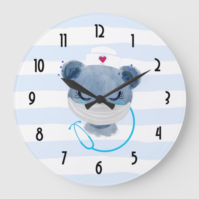 Grande Horloge Ronde Cute Bear Nurse portant un masque protecteur (Recto)