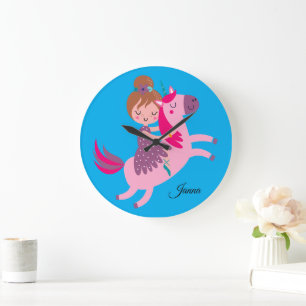 Grande Horloge Ronde Cute Blondie Haired Girl équitation sur une licorn