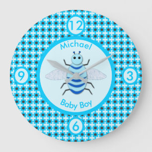 Grande Horloge Ronde Cute Blue Baby Boy Bee Custom Nursery