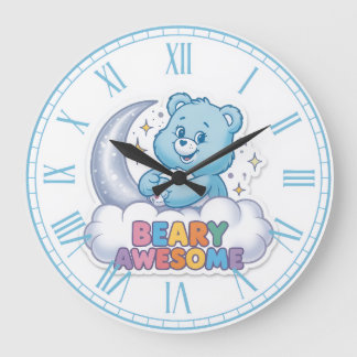Grande Horloge Ronde Cute Blue Bear Moon & Stars "Beary Awesome" Nurser