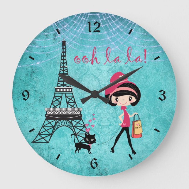 Grande Horloge Ronde Cute Blue Girl, Cat and Eiffel Tour Paris Clock (Recto)