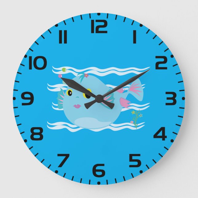 Grande Horloge Ronde Cute Blue Tropical Fish Pink Fins (Recto)