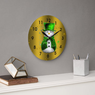 Grande Horloge Ronde Cute bonhomme de neige en velours vert pour Noël d