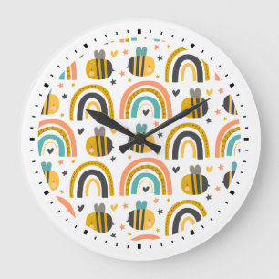 Grande Horloge Ronde Cute Bumble Bee et Rainbows Motif