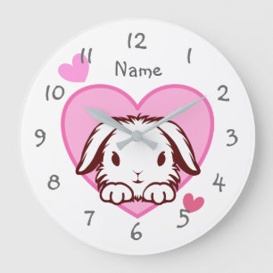 Grande Horloge Ronde Cute Bunny Coeur rose