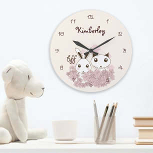 Grande Horloge Ronde Cute Bunny Kitten Animaux Amis Filles Enfants