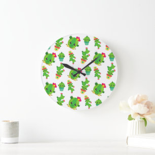 Grande Horloge Ronde Cute Cactus, Green Cactus, Motif Cactus