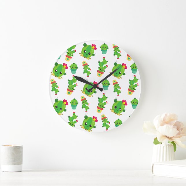 Grande Horloge Ronde Cute Cactus, Green Cactus, Motif Cactus (Maison)