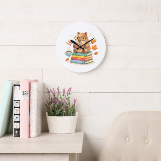Grande Horloge Ronde Cute Capybara Reading Books Watercolor
