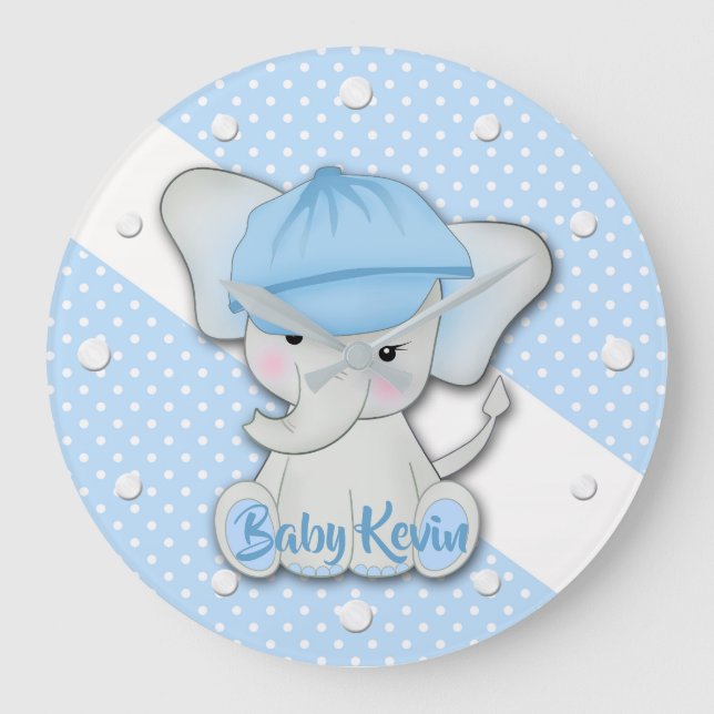 Grande Horloge Ronde Cute cartoon baby elephant on blue white polka d (Recto)